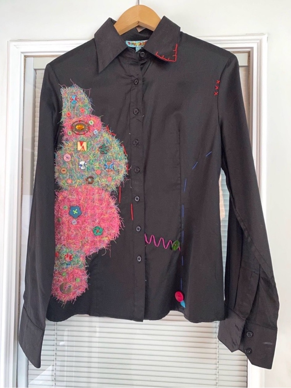 Forza Paris Size L Black Embellished Button Up Shirt Art Print NWT
